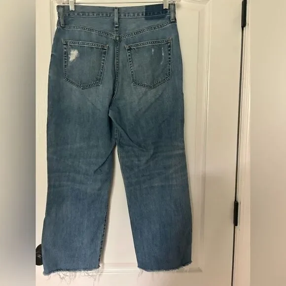 Etica Women's Distressed Ripped Grunge Blue Flare Jeans Button Up Size 29 - Picture 2 of 16